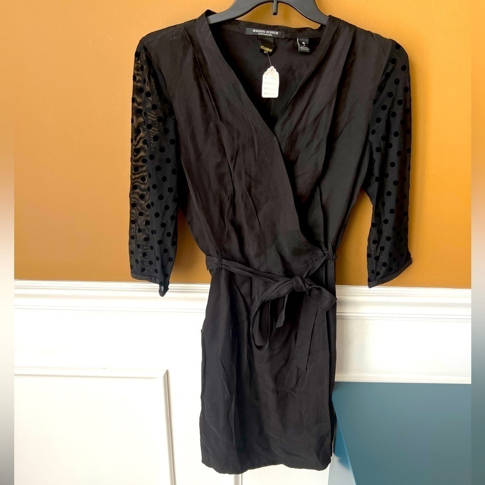 Scotch & Soda Women’s Elegant Black Wrap Dress Sheer Sleeves Size 3 Cocktail LBD